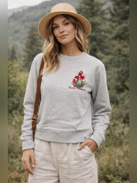 Roots Tops - Roots Outdoors Mushroom Embroidered Crewneck Sweatshirt Gray XS Cozy Cottagecore